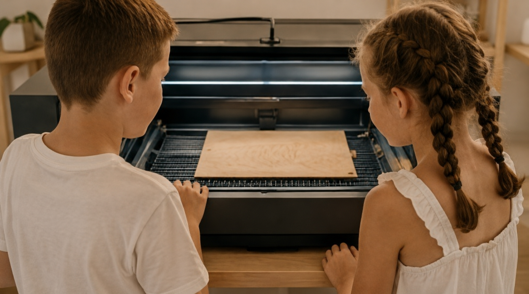Bruno y Emma observando la máquina de grabado láser con una plancha de madera