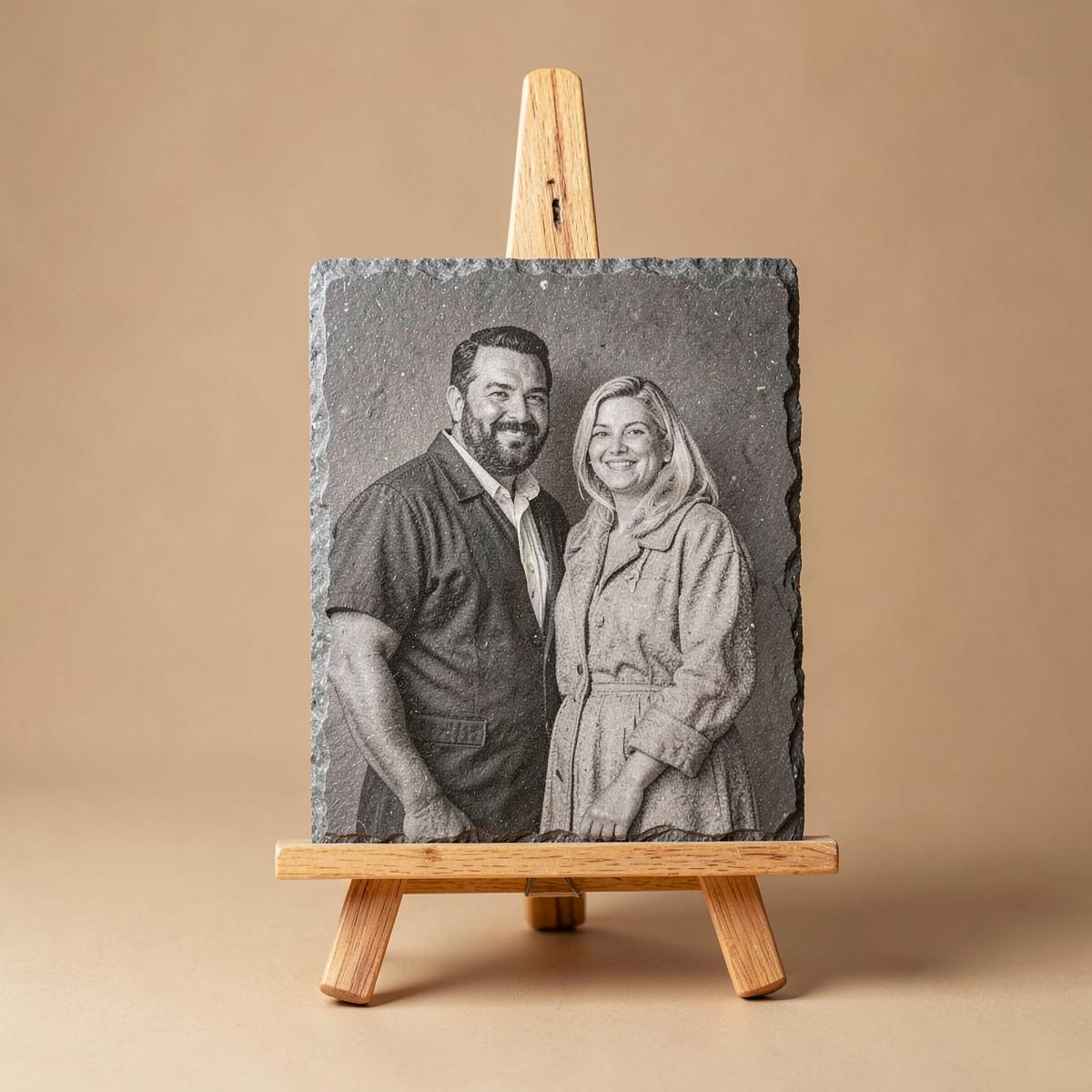 Placa de pizarra con fotografia grabada a laser