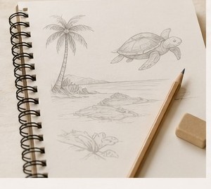 Cuaderno con los primeros bocetos a lápiz