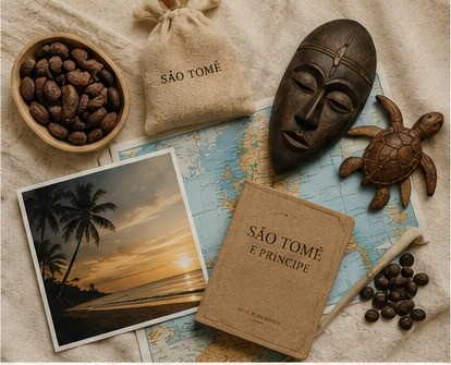 Recuerdos traídos de São Tomé y Príncipe: cacao, mapa, máscara y fotografías