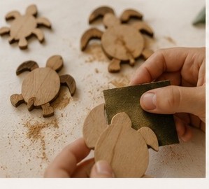 Piezas de madera cortadas con forma de tortuga siendo lijadas a mano