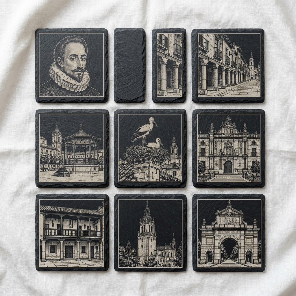 Posavasos Alcalá de Henares · Pizarra sobre fondo de tela blanca