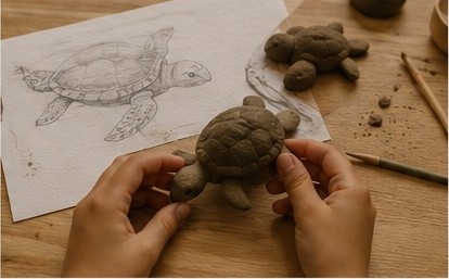 Tortuga modelada en plastilina junto a su boceto