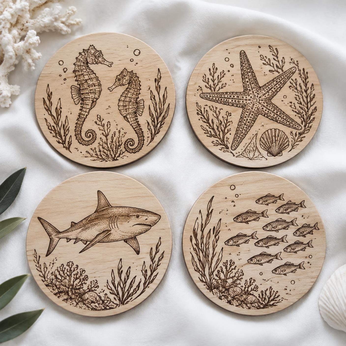 Posavasos Océanos · Madera sobre tela blanca
