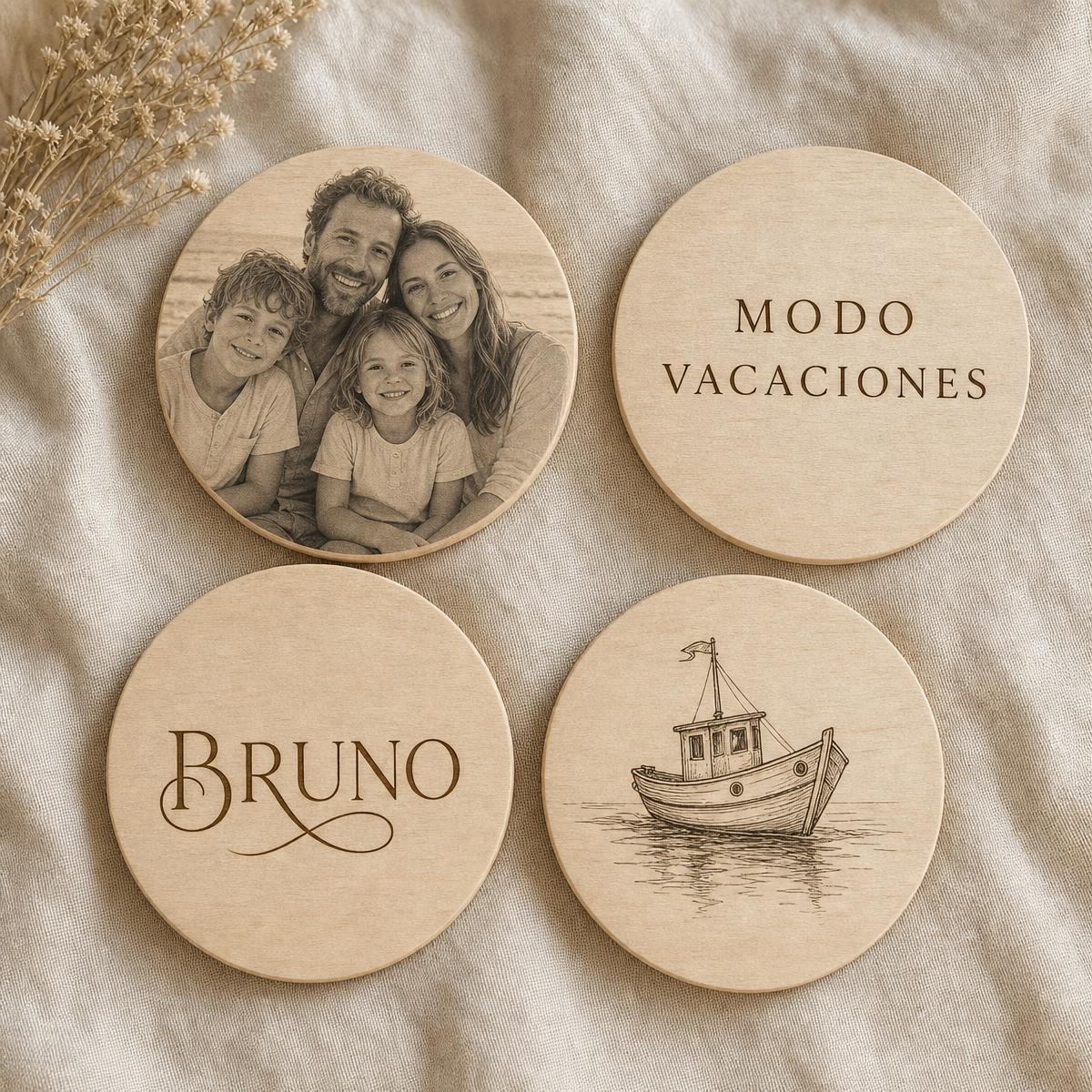 Pack de posavasos de madera personalizados con foto y frase