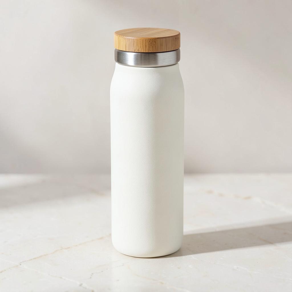 Botella térmica premium crema con tapón de bambú