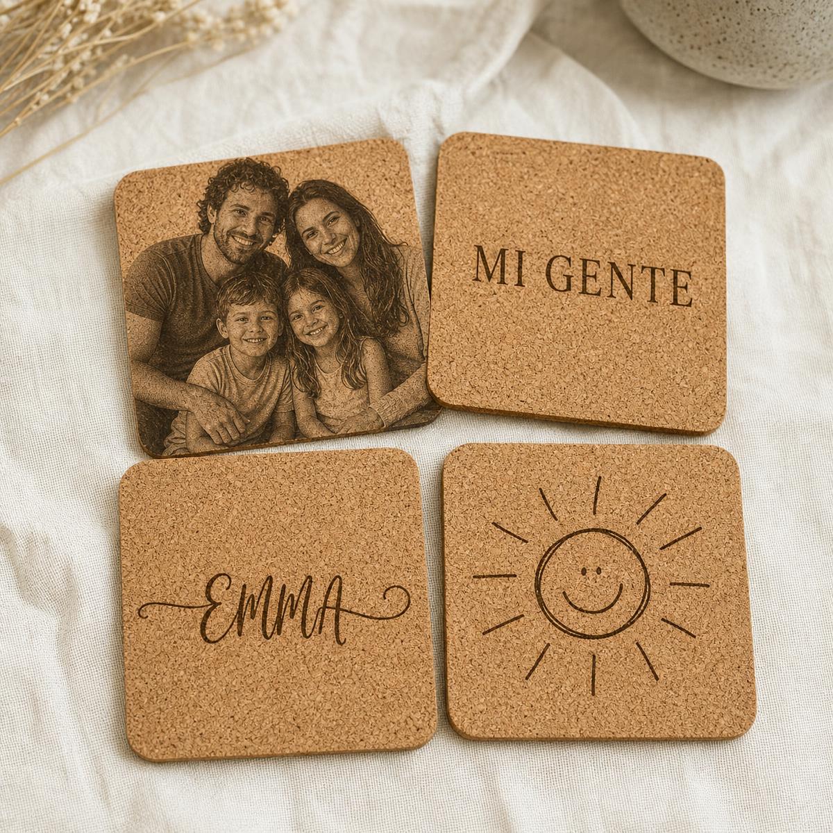 Pack de posavasos de corcho personalizados con foto y frase
