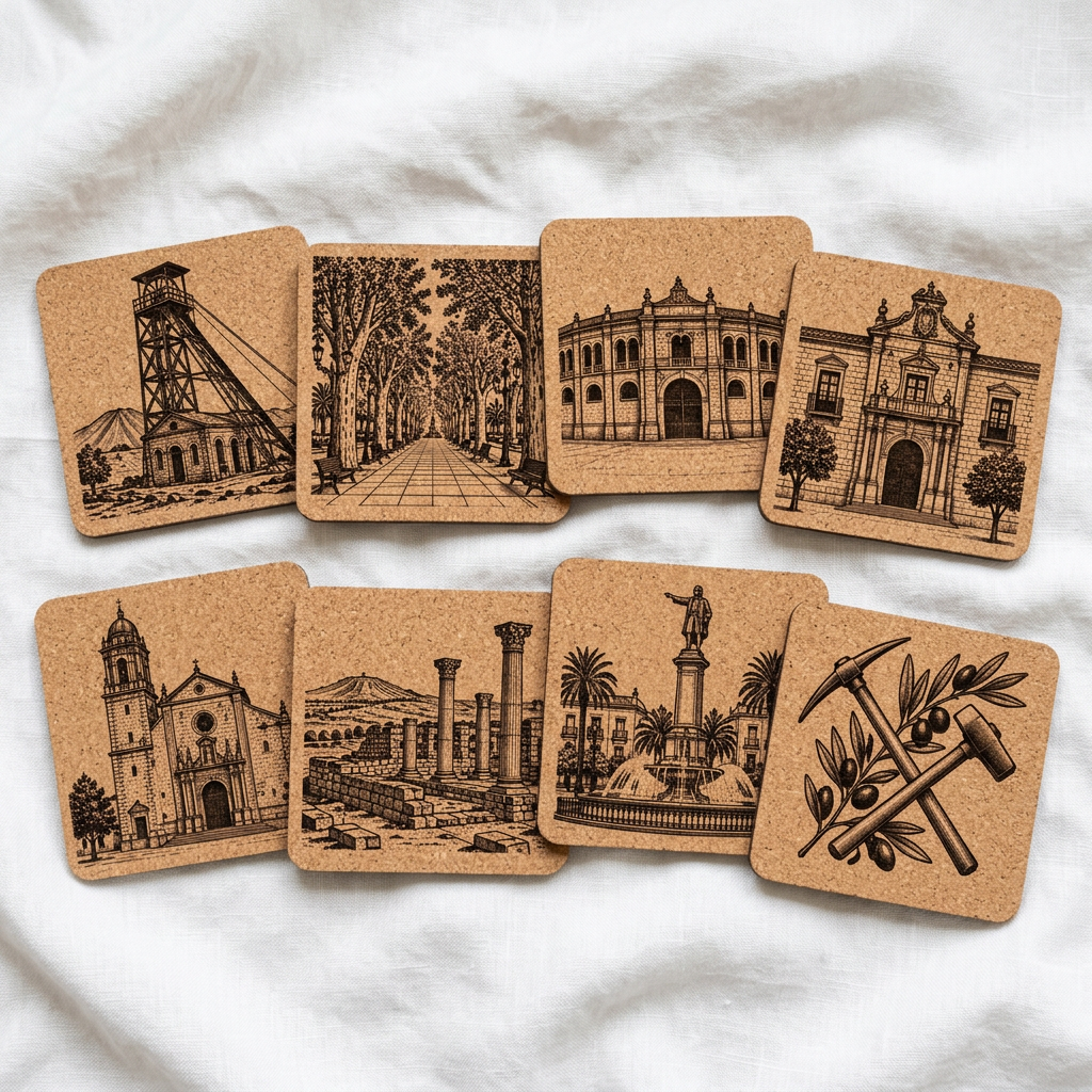 Posavasos Linares · Corcho sobre fondo de tela blanca