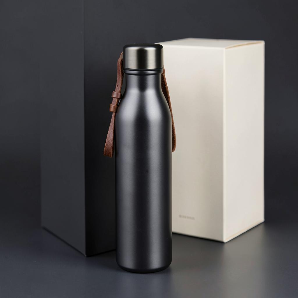 Botella térmica premium de acero oscuro con correa de piel y caja de regalo