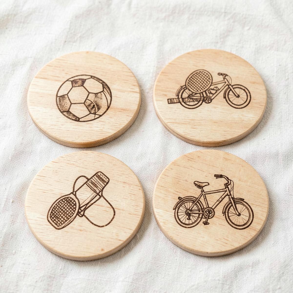 Pack de posavasos de madera Sport grabados a láser