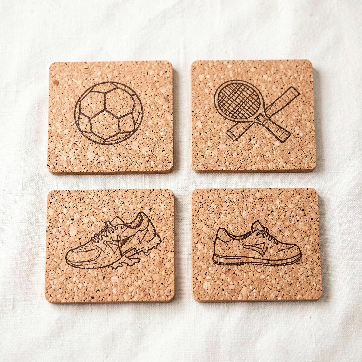 Pack de posavasos de corcho Sport grabados a láser